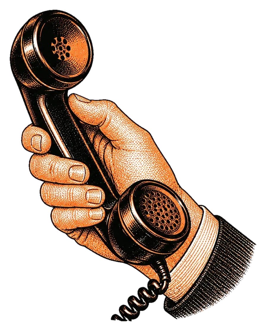 Hand holding a vintage telephone handset, halftone illustration