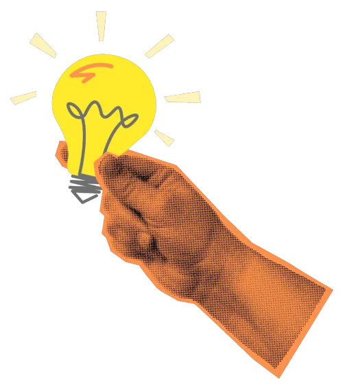 Halftone illustration of a hand holding a lightbulb representing creative ideation