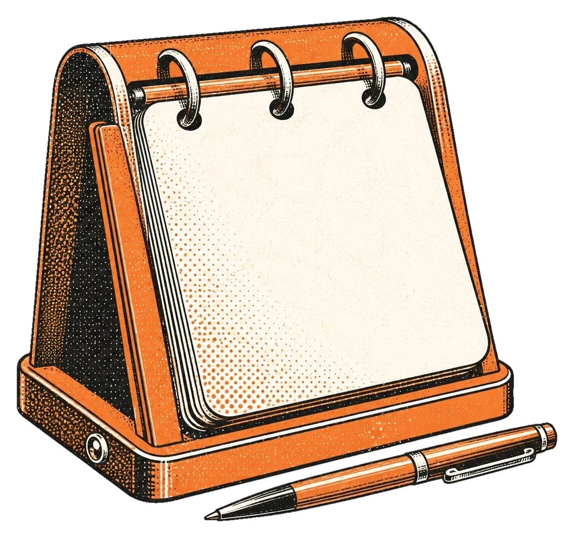 Vintage desk flip calendar with pen, halftone illustration
