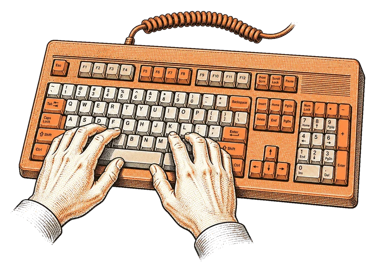 Hands typing on a vintage mechanical keyboard, halftone illustration