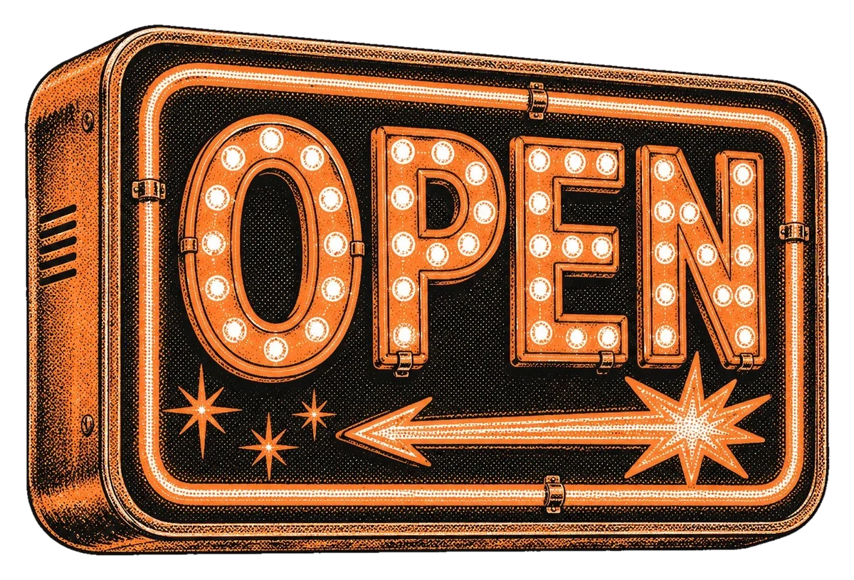 Vintage marquee OPEN sign in halftone style
